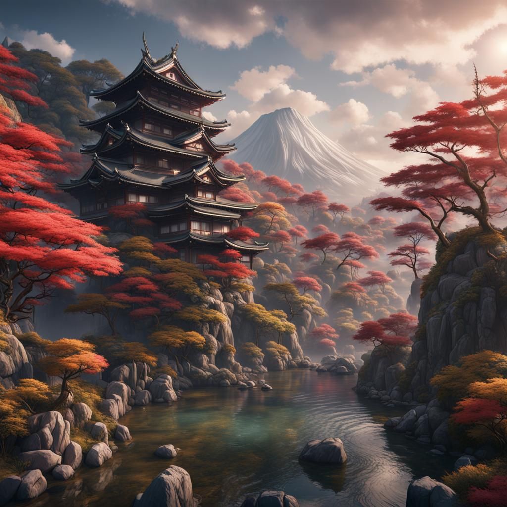 Fantastical Japanese Landscape in Detailed Matte Painting