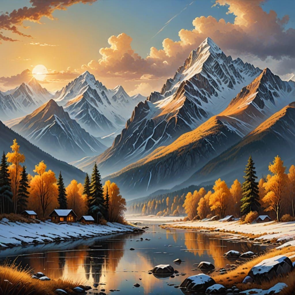 Majestic Snow-Capped Mountains in Oil Painting Style