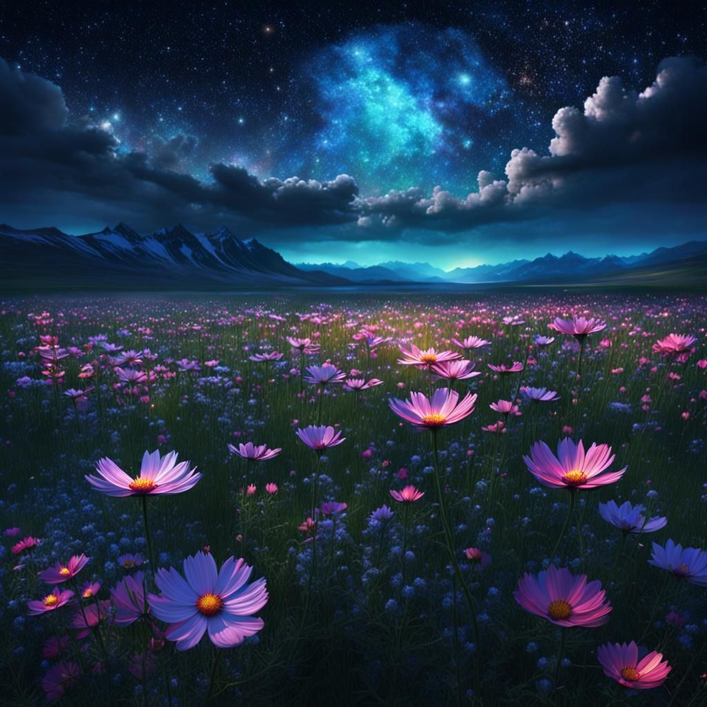 Sparkling Cosmos Over Flower Fields at Night