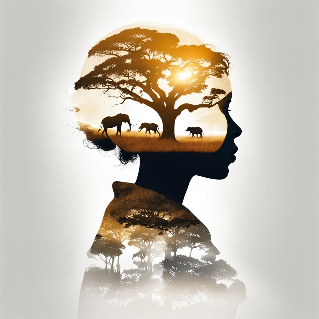 Silhouette of Girl with African Savanna Double Exposure