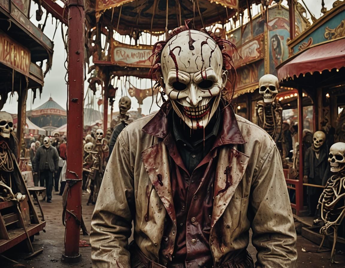 Grotesque Mask of Despair in Decaying Carnival
