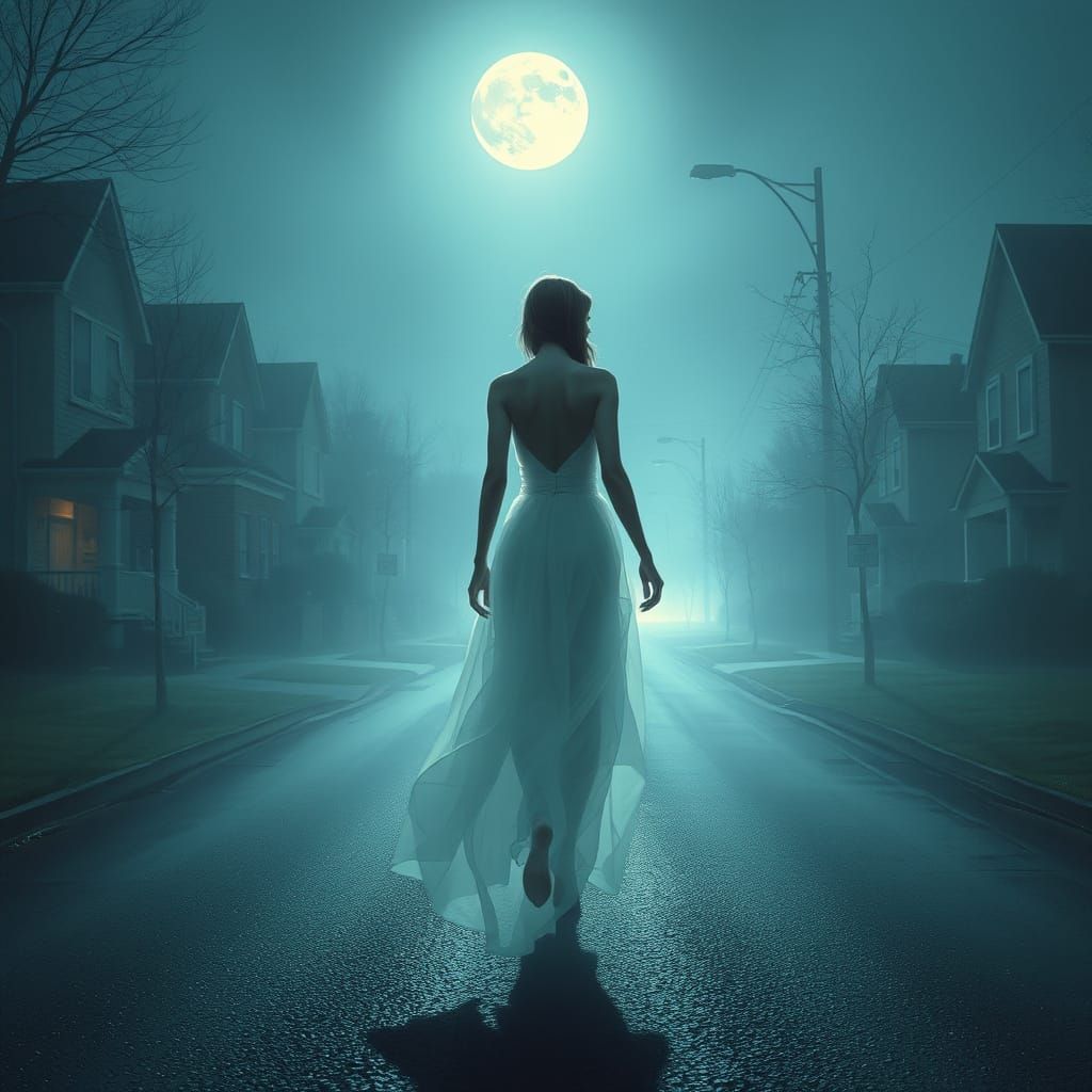Ethereal Woman Strolls Through Moonlit Suburban Street