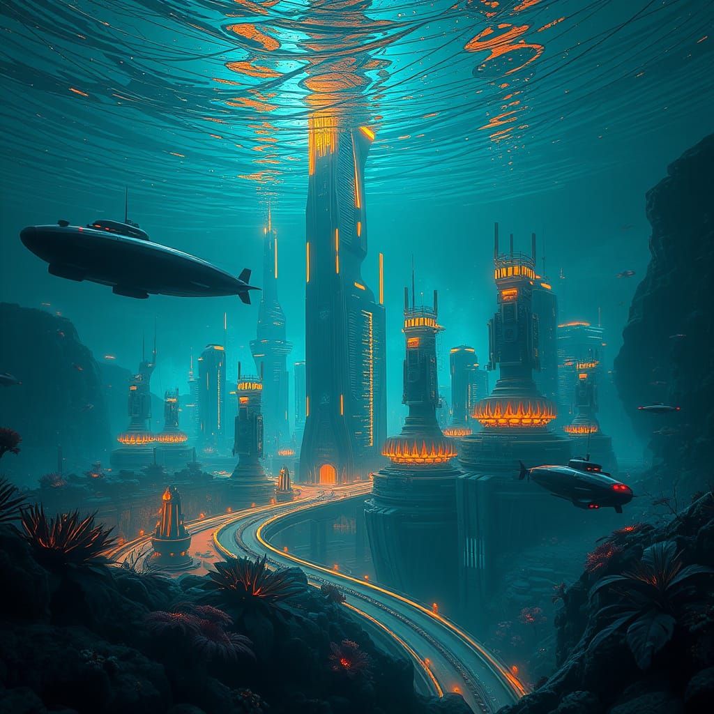 Futuristic Underwater Metropolis Concept Art