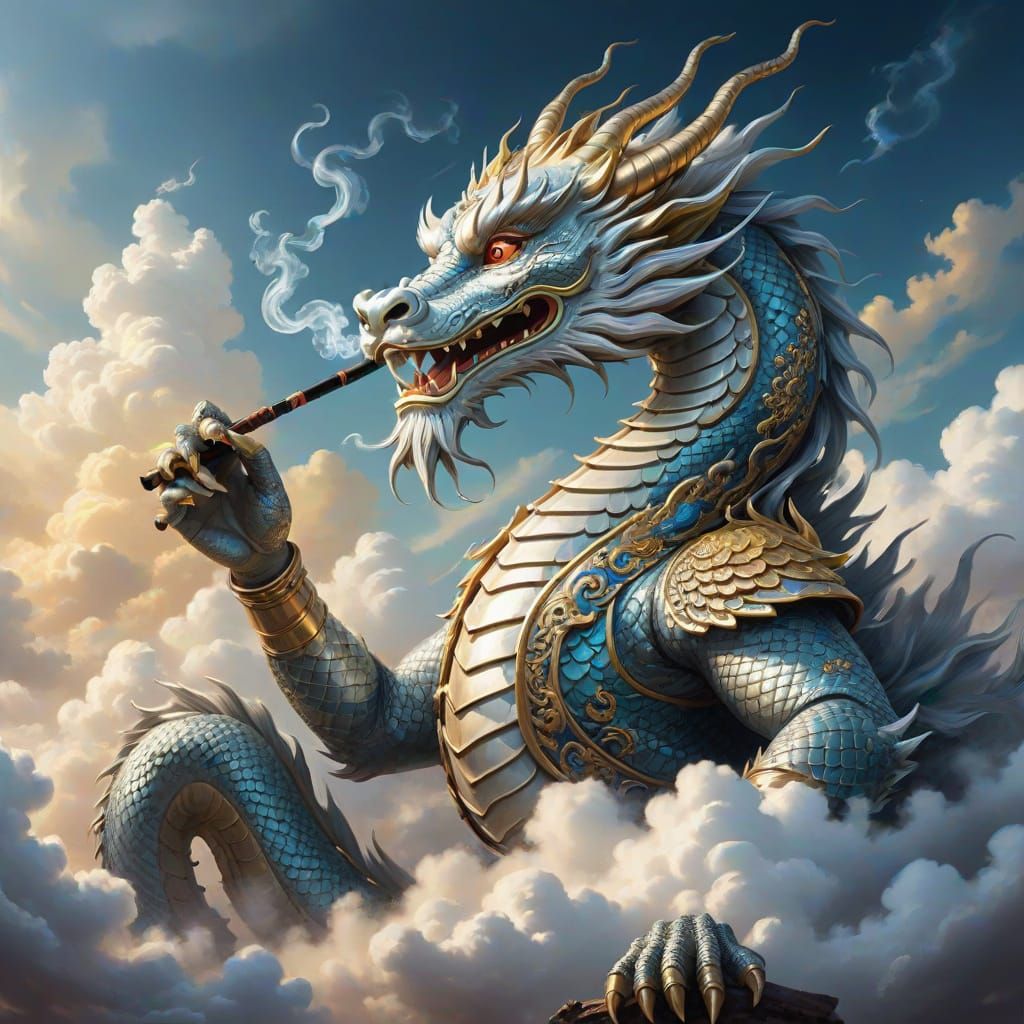 Surreal Oriental Dragon Basks in Golden Clouds