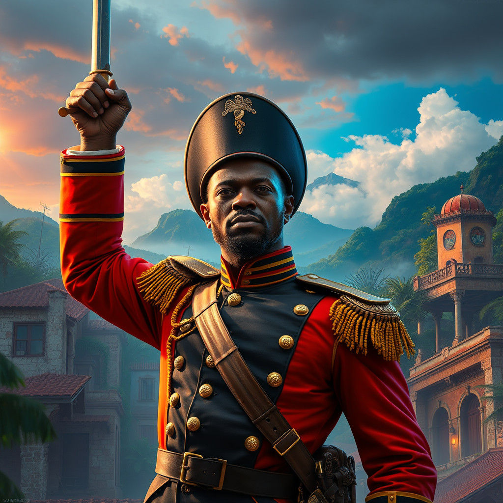 Haitian Man in French Military Uniform, Fantasy Cityscape