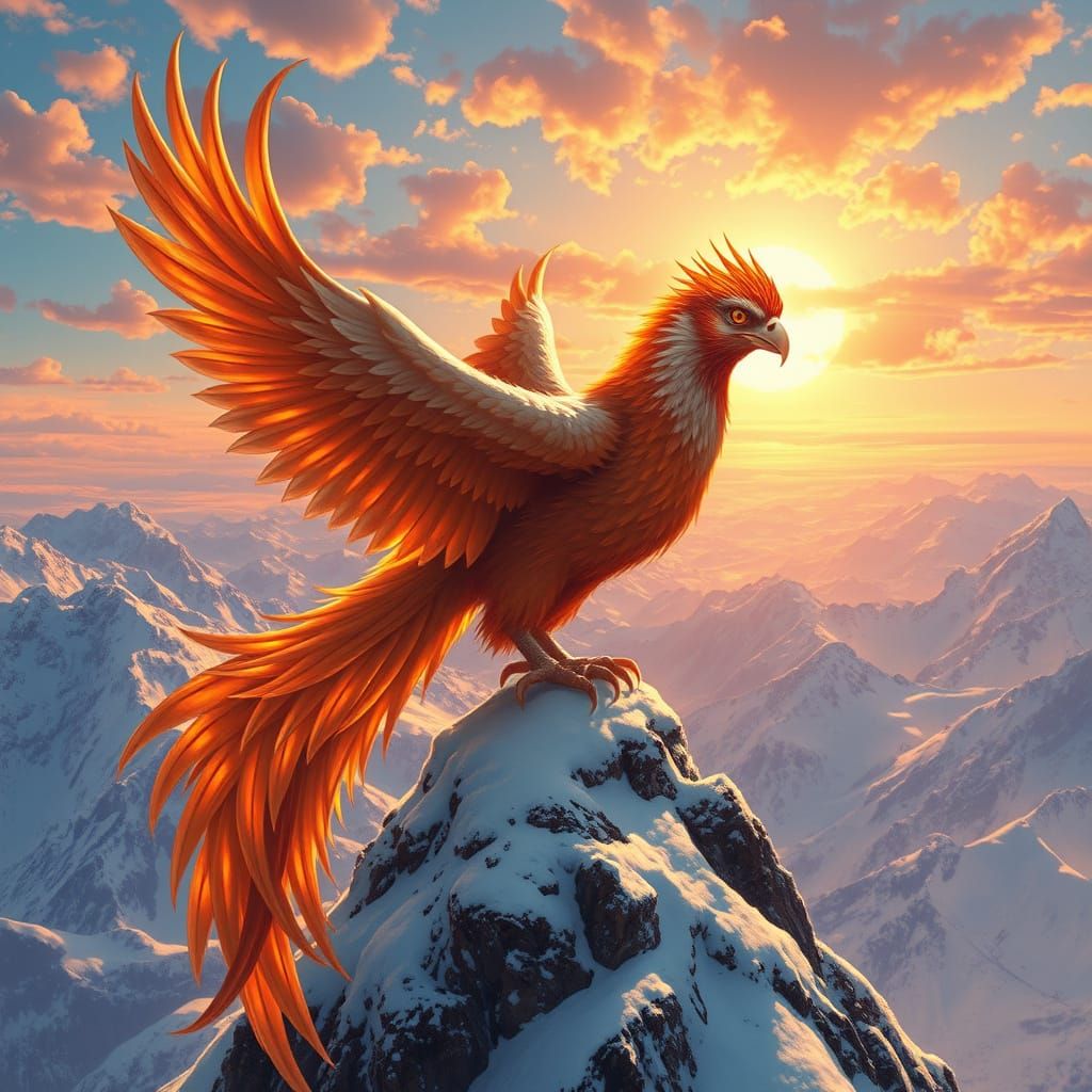 Phoenix on Snowy Peak at Sunrise, Vibrant Art