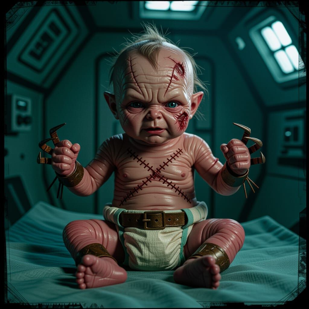 Grotesque Hyperrealistic Baby Creature in Abandoned Chamber