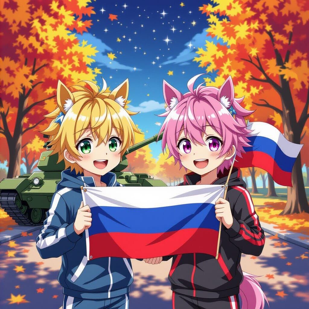 Anime Guys With Horse Ears Holding Russian Flag in Autumn Pa...