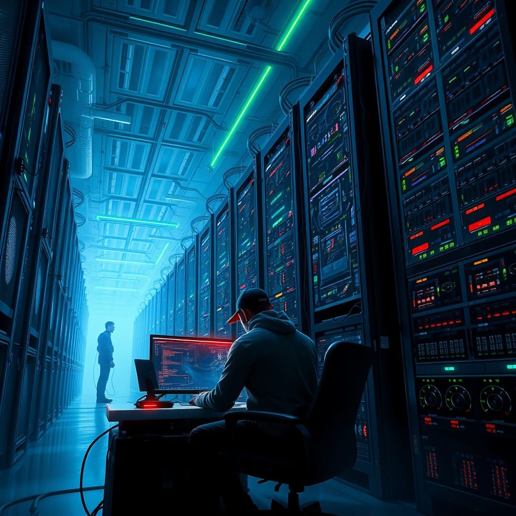 Cyberpunk Hacker in Vast Server Farm
