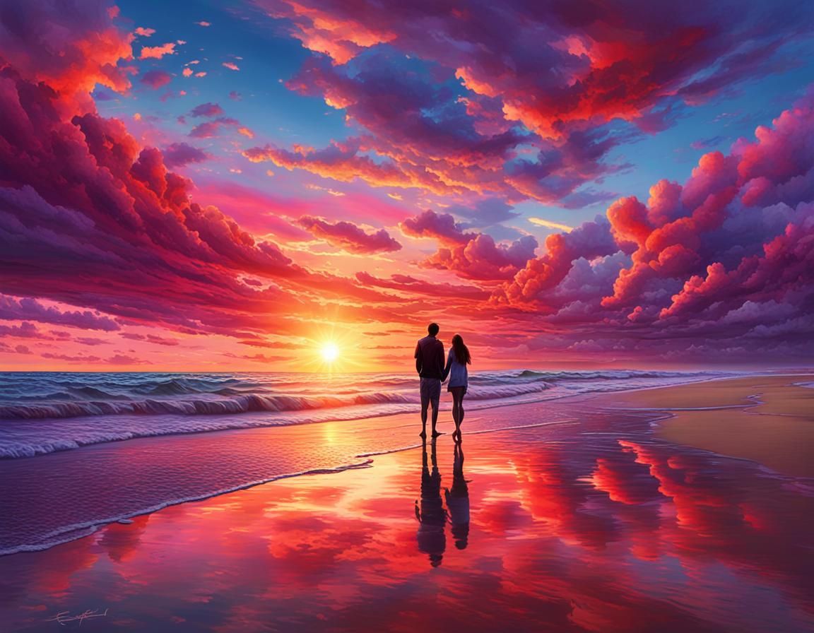 Vibrant Sunset Over Beach in Hyperrealistic Style