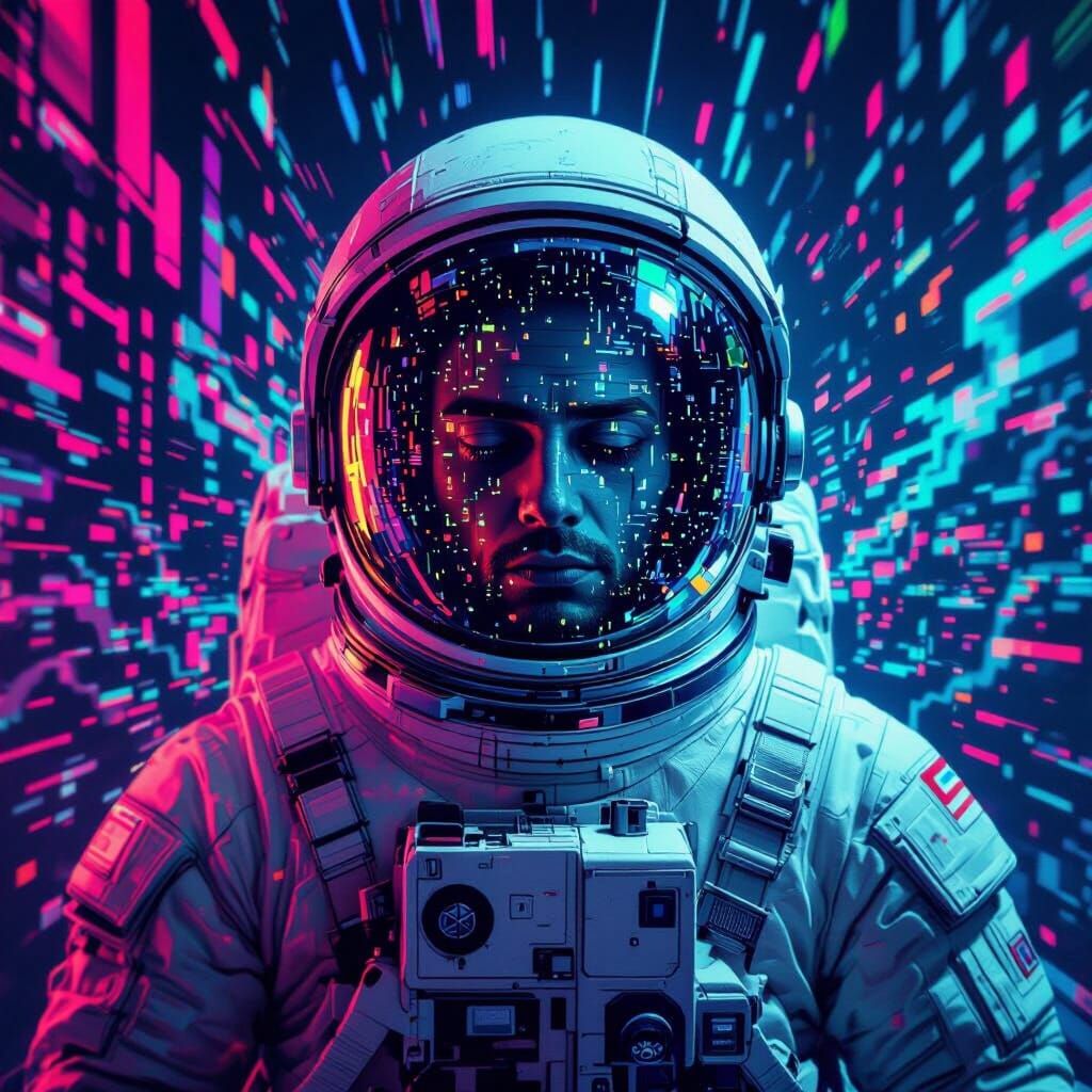 Glitching Astronaut Portrait in Cyberpunk Style