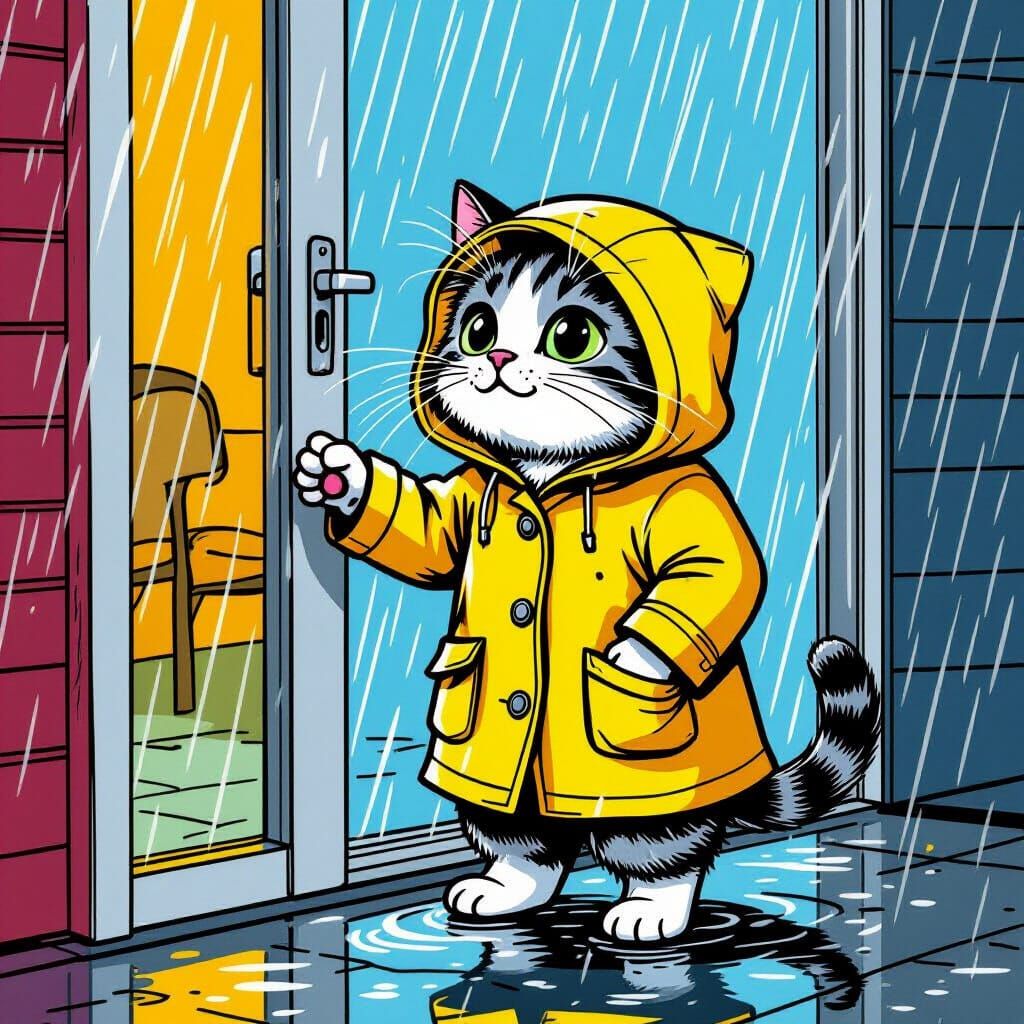 Cartoon Cat Begging in the Rain, Pop Art Style