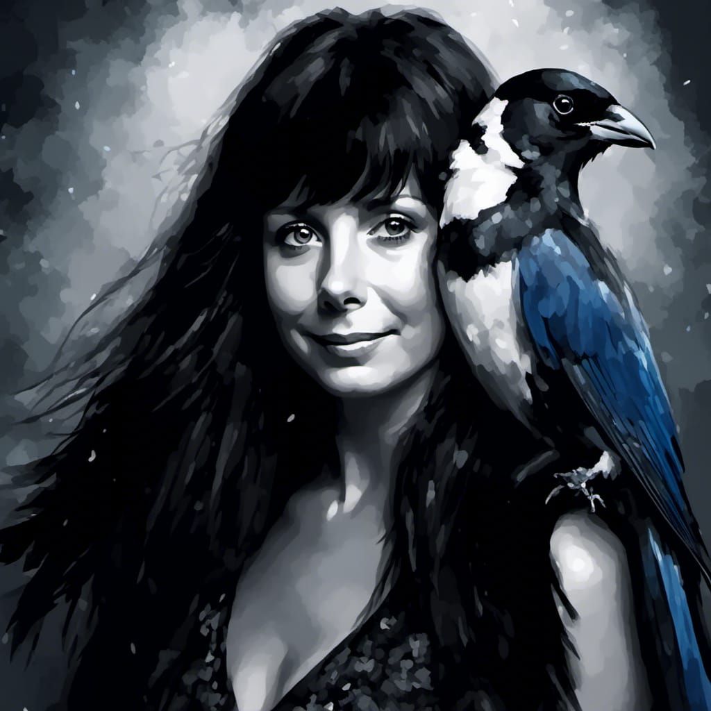 Woman with Magpie Portrait in Vivid Color