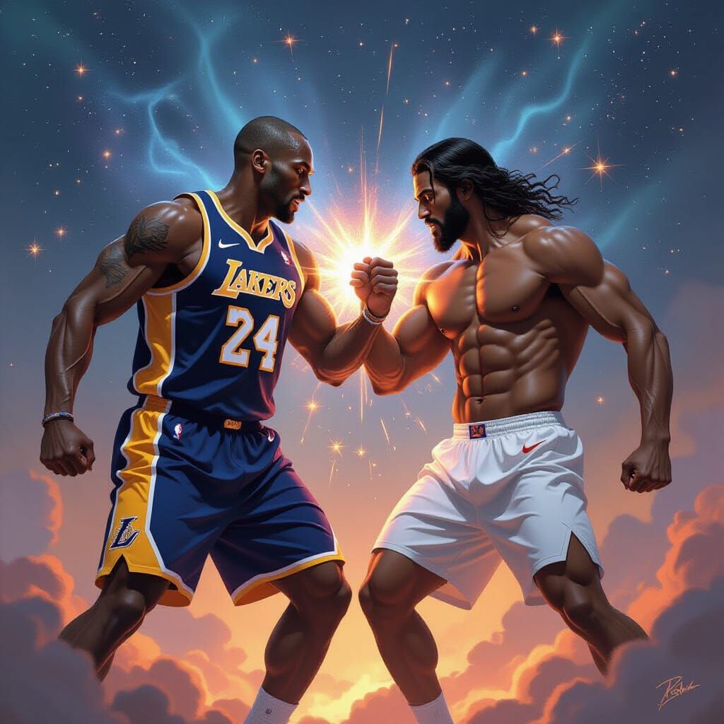 Kobe Bryant Battles Jesus in Cosmic Digital Painting
