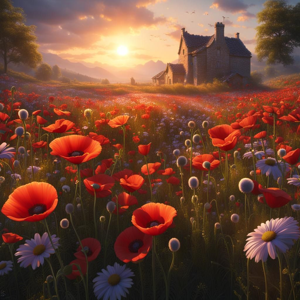 Poppies and Chamomiles at Sunrise: Fantasy Concept Art