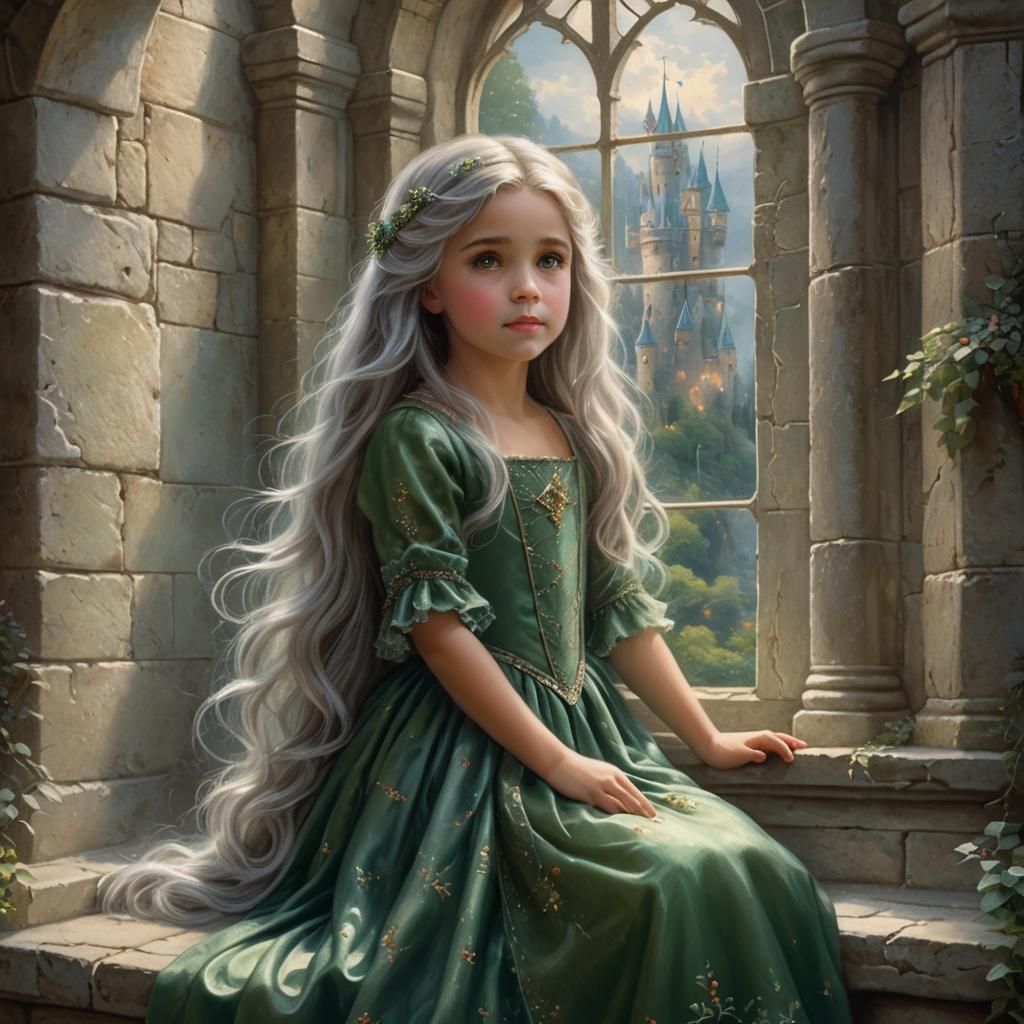 Little Girl Daydreaming in Castle Window