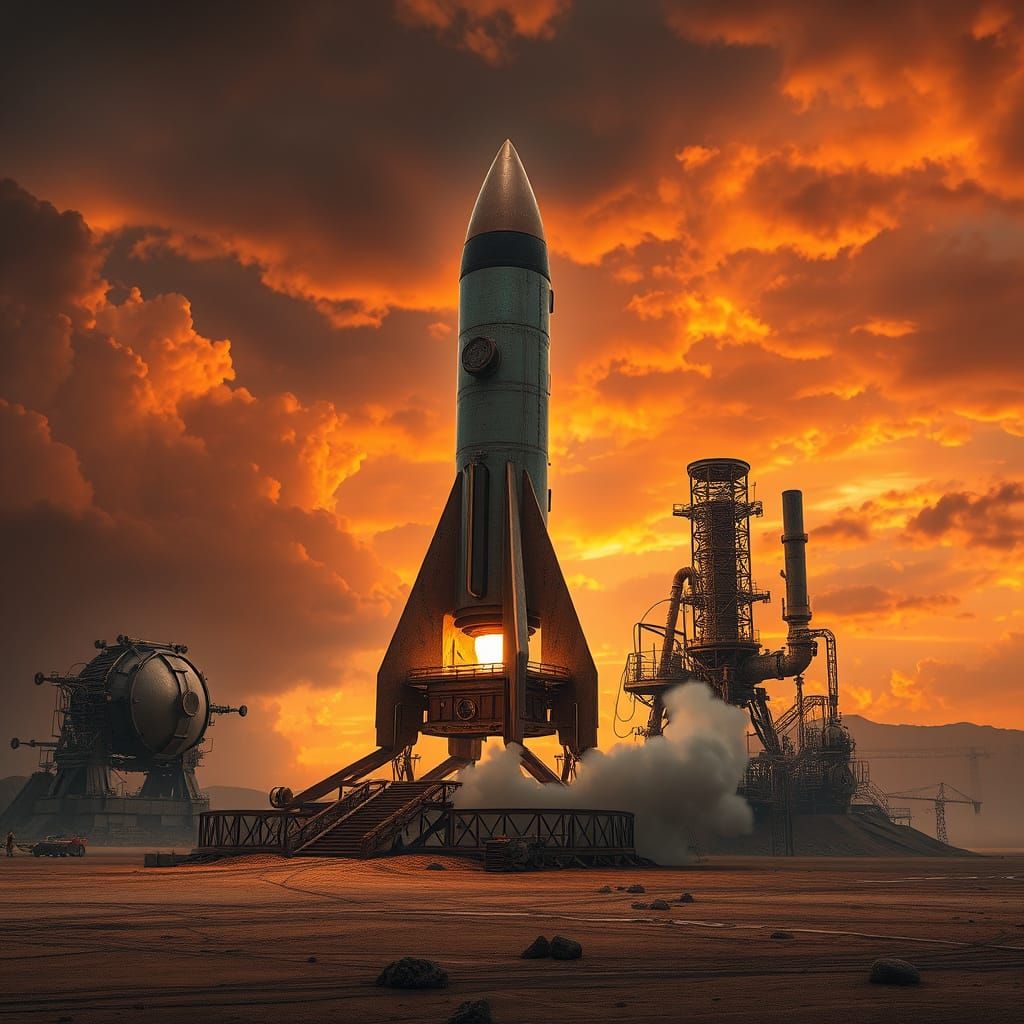 Steampunk Rocket Blasts Off in a Victorian-Era Landscape