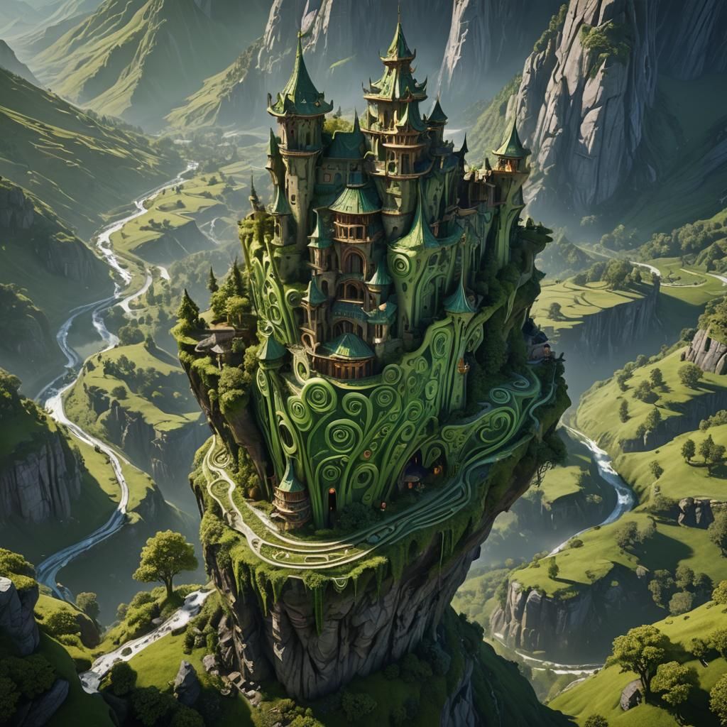 Detailed Cello on Green Mountain: Fantasy Concept Art