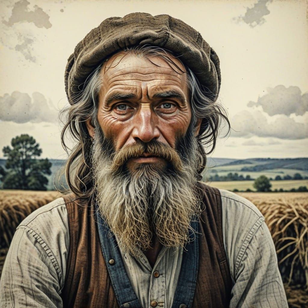 Peasant Farmer in Colored Ink Etching Style