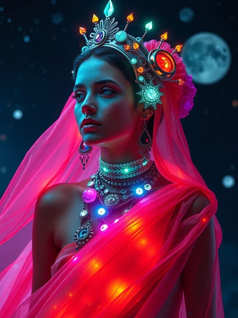Otherworldly Interstellar Princess in Fluorescent Fabrics