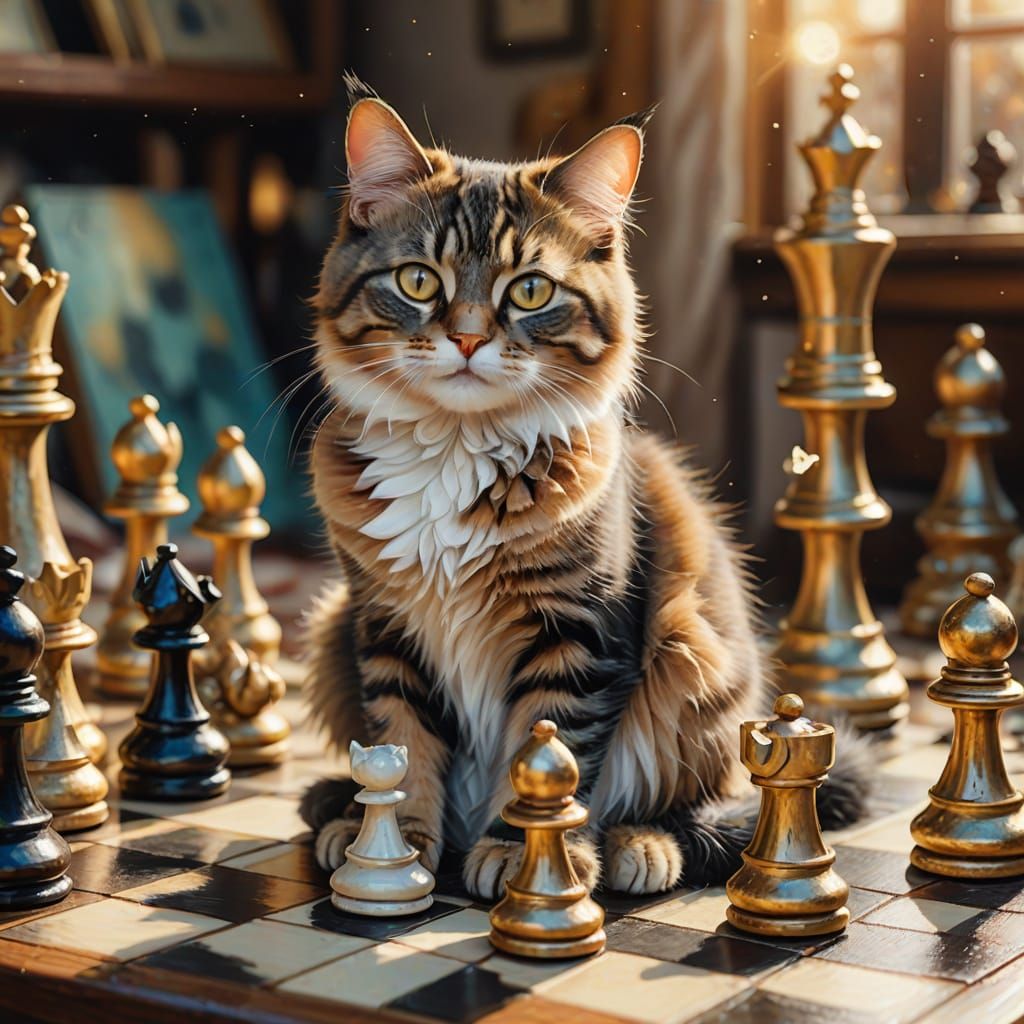 Whimsical Chess Cat in Dreamy Pastel Colors