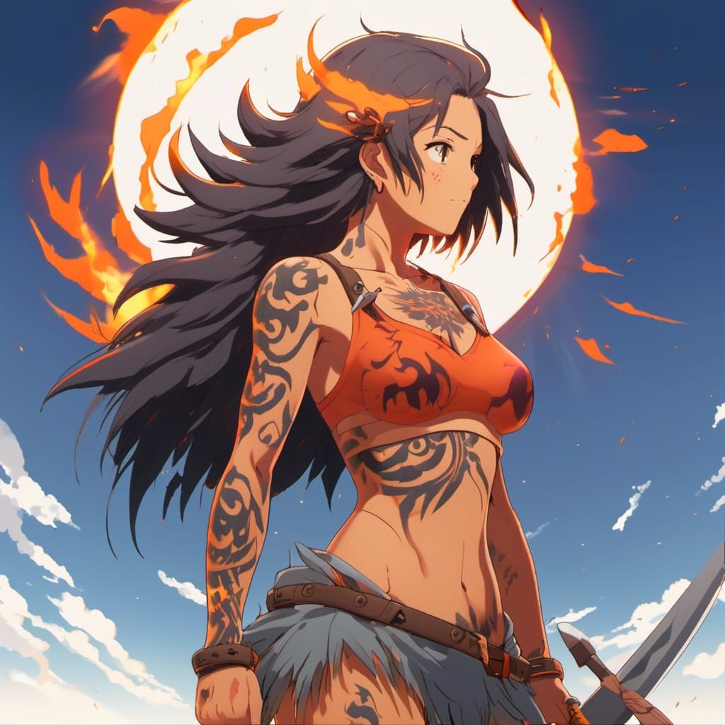 Tanned Barbarian Warrior with Sun Tattoo in Anime Style