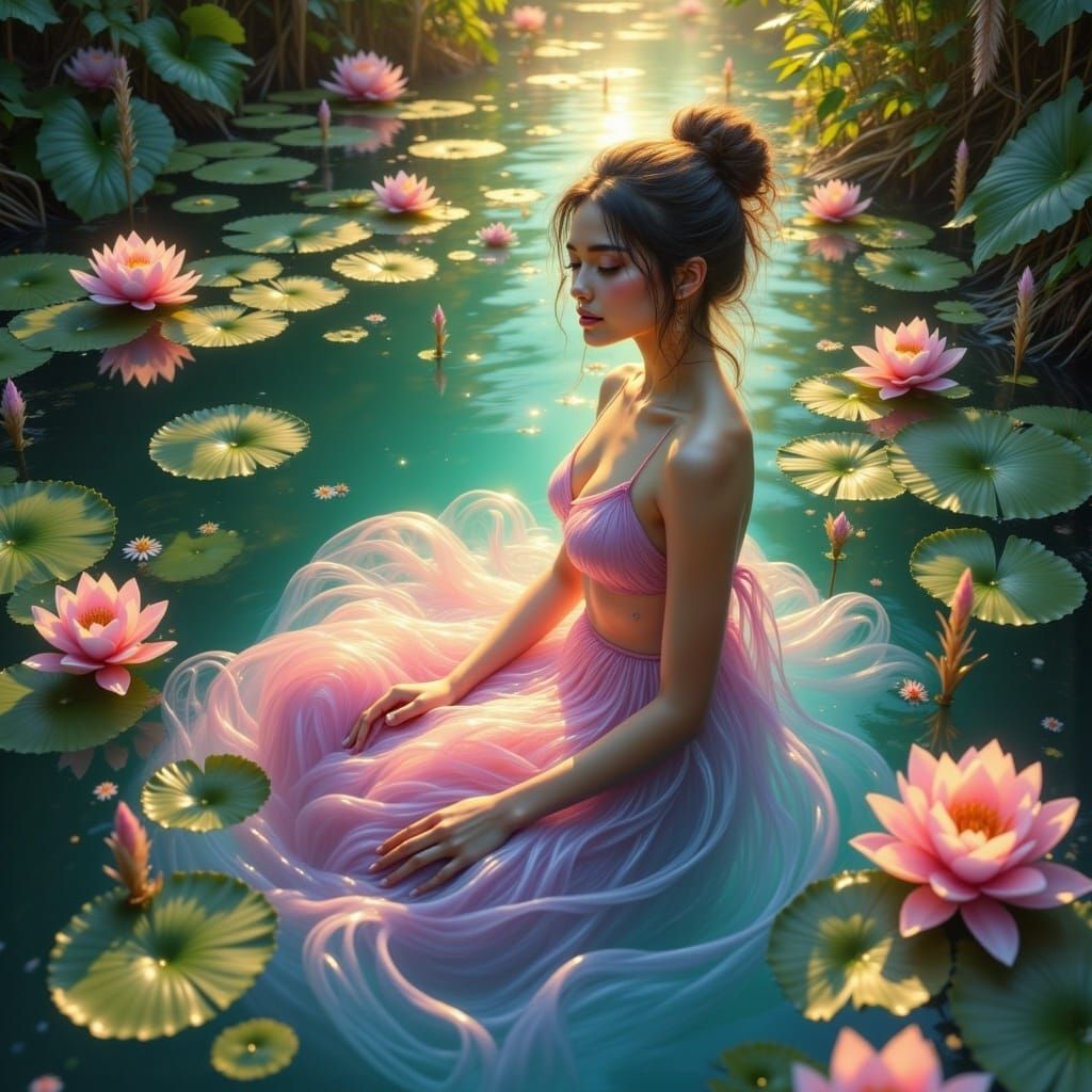 Enchanting Tree Nymph in Pond: Pastel Oil Painting