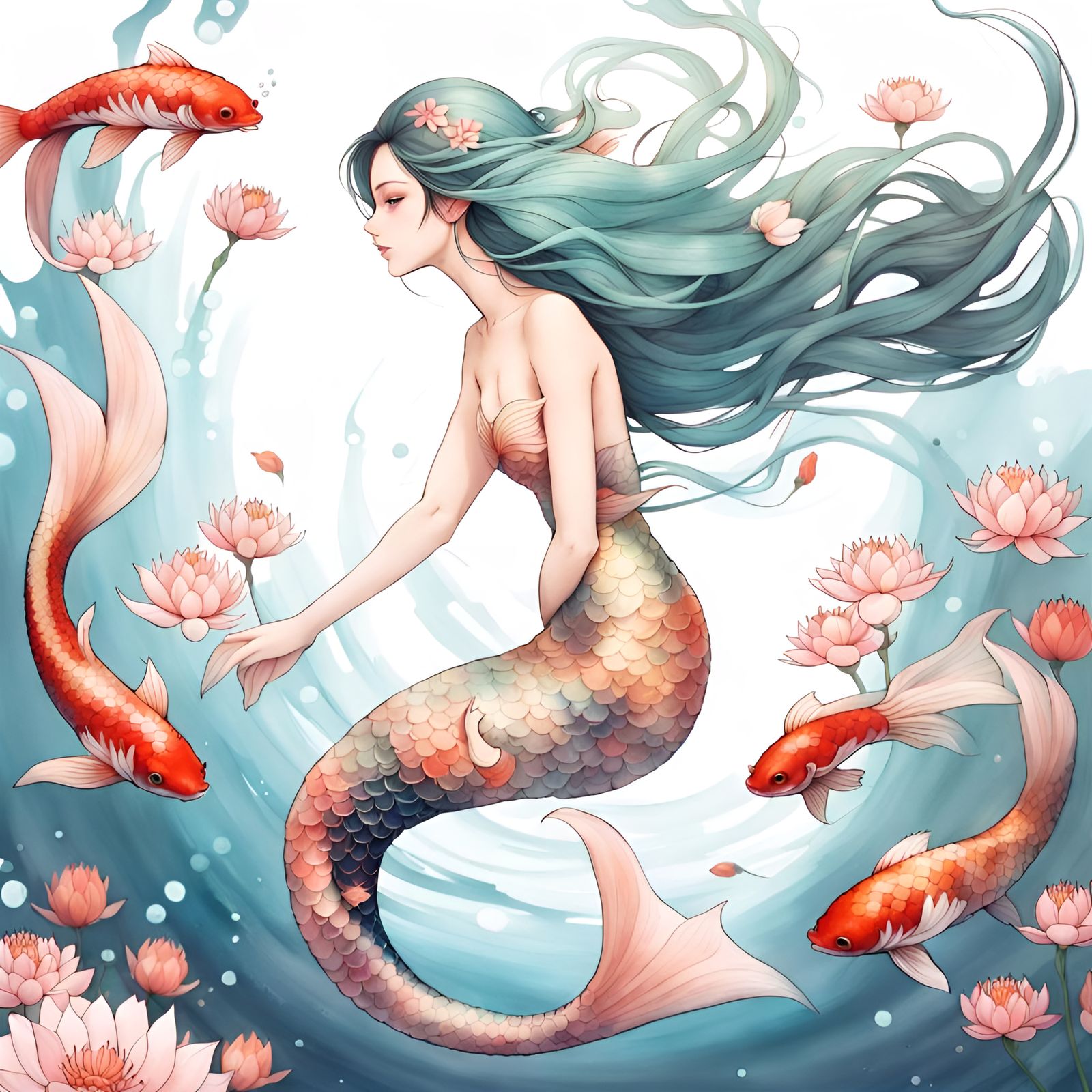 Ethereal Mermaid Among Koi and Lotus Flowers