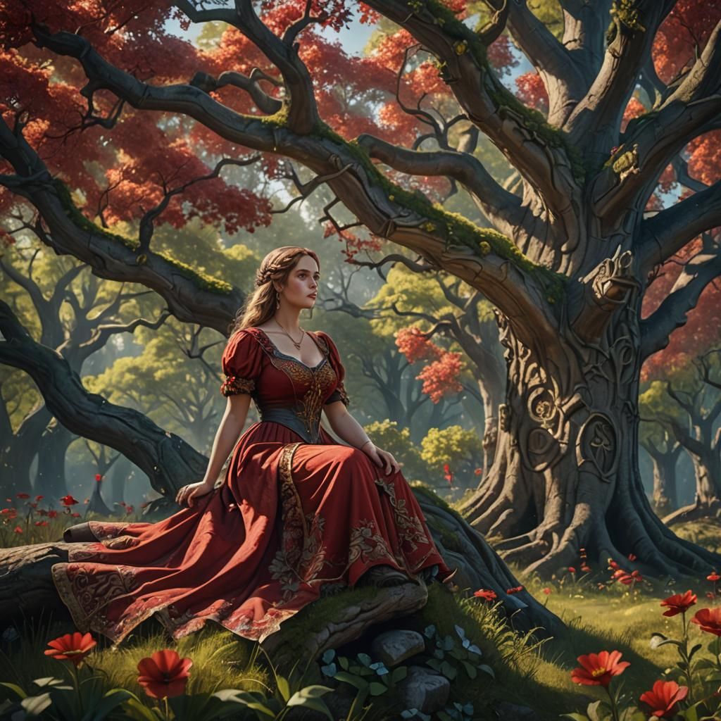 Medieval Woman in Fantasy Forest, Detailed Digital Painting