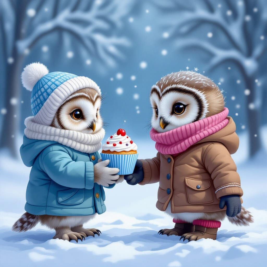 Cute Owlet Shares Winter Cupcakes with Friend