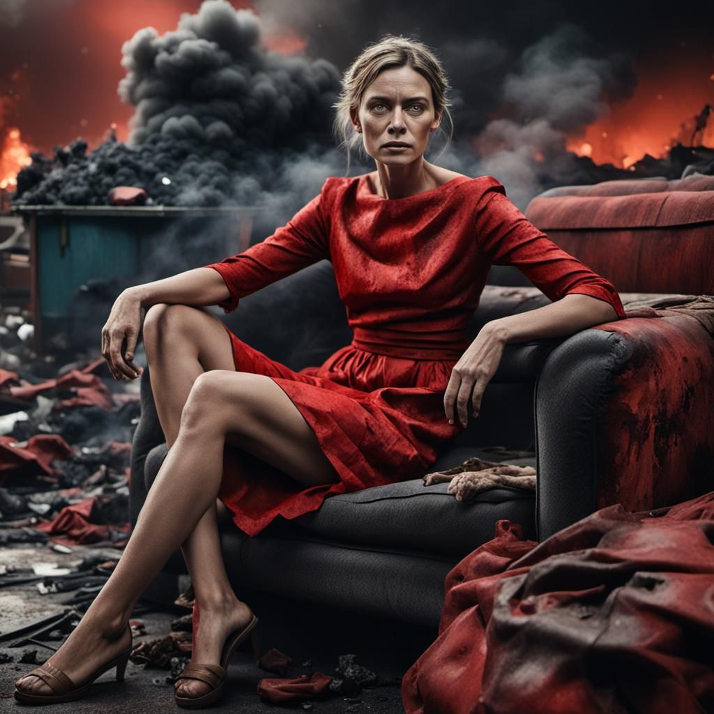 Apocalyptic Woman in Red Dress Amidst Trash Landscape