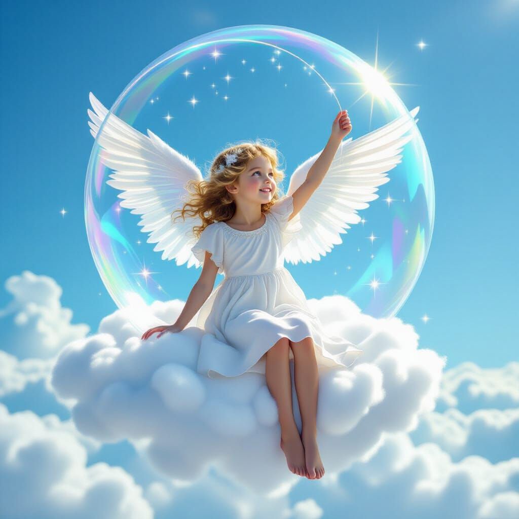 Celestial Angel with Bubbles in Azure Sky