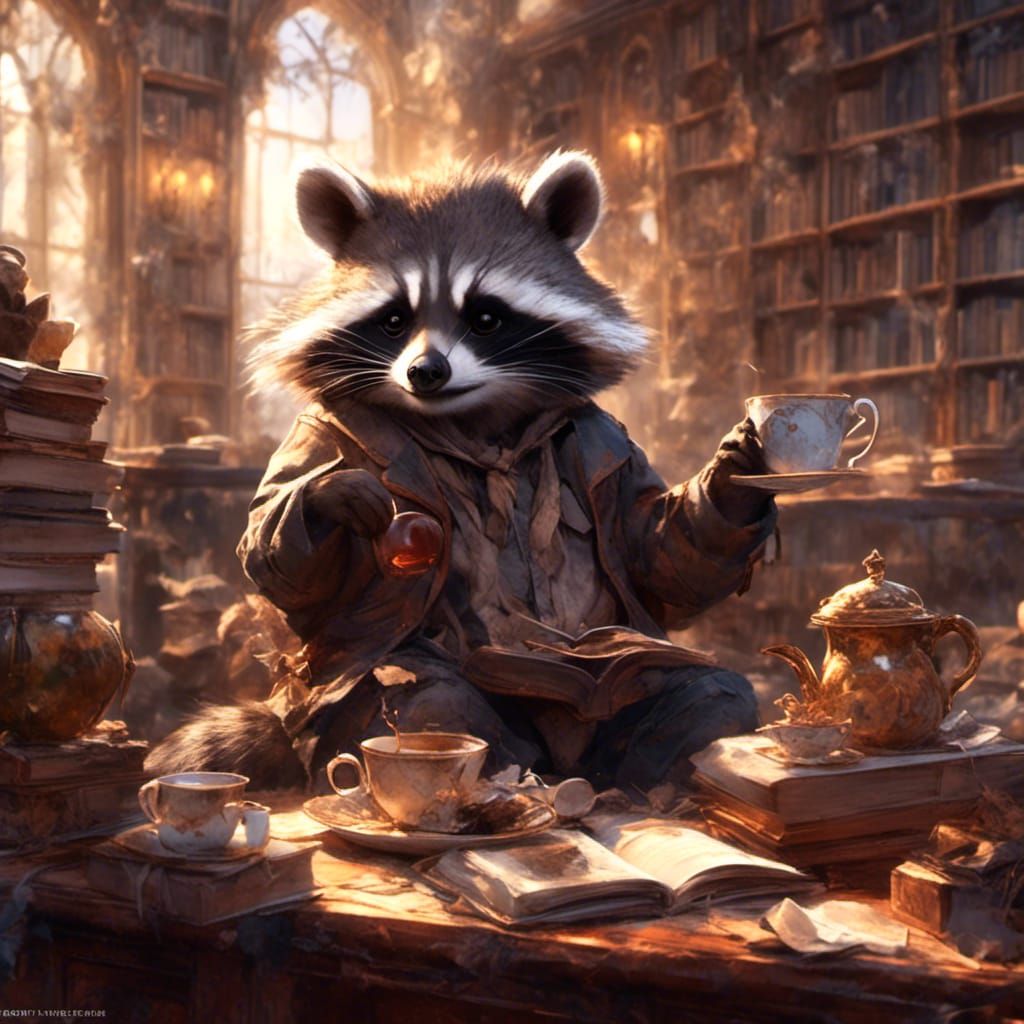 Racoon Sipping Tea in Library Setting