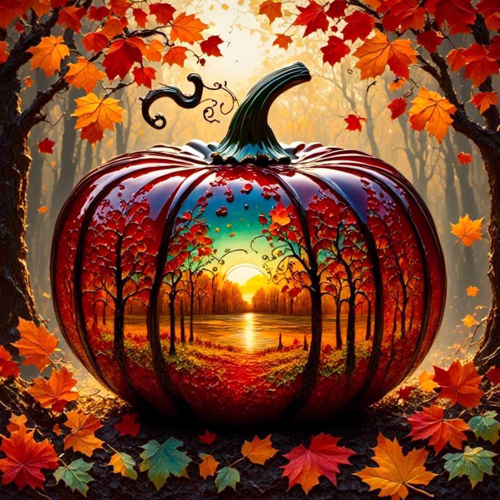 an enameled red glass pumpkin with intricate designs