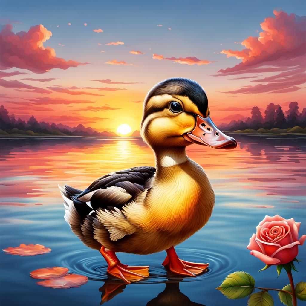 Cute Duckling with Rose at Sunset