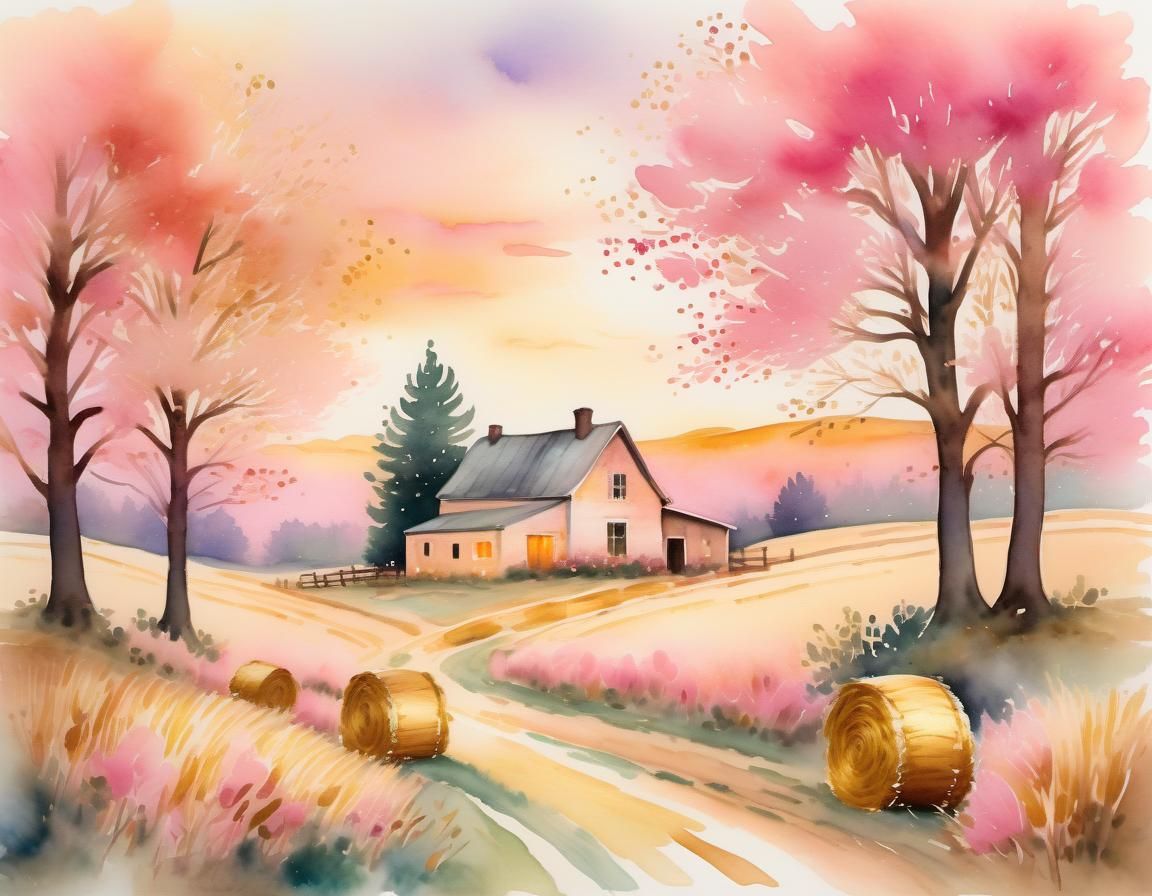Whimsical Watercolor of Rustic Farmhouse in Golden Sunset Gl...