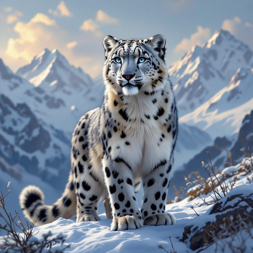 Regal Snow Leopard in Dreamlike Mountain Landscape