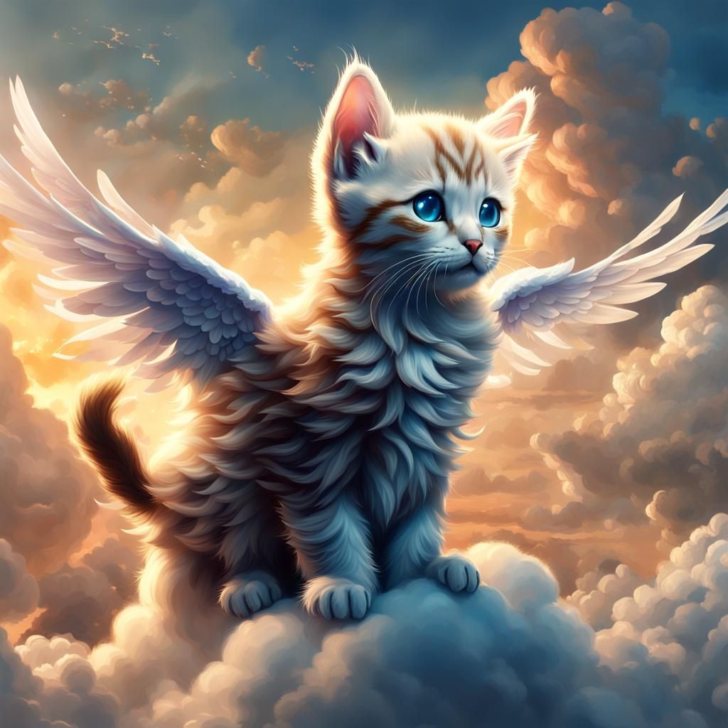Winged Kitten Ascends to the Clouds: Fantasy Art