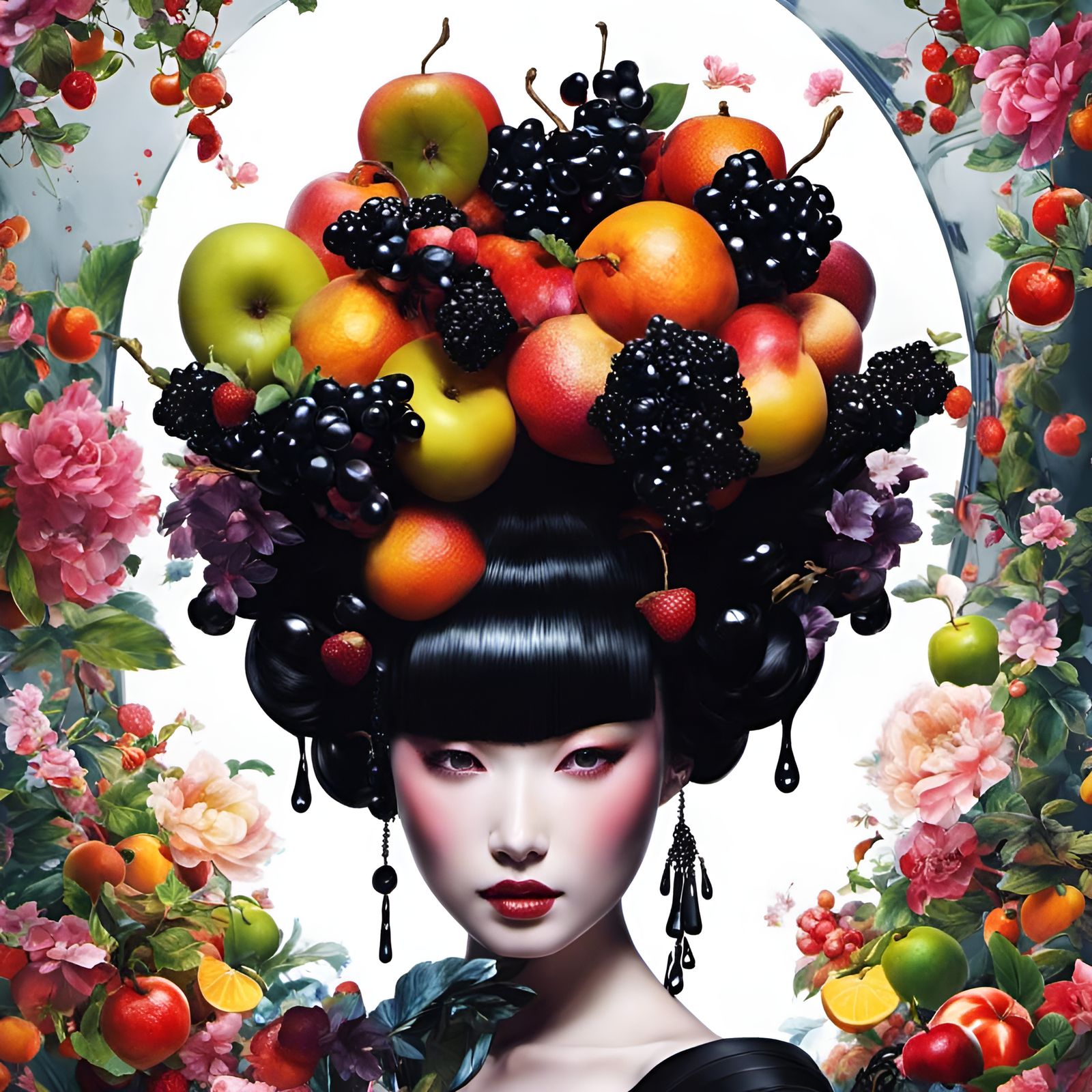 Geisha Hairstyle with Oily Fruit, Maximalist Digital Art