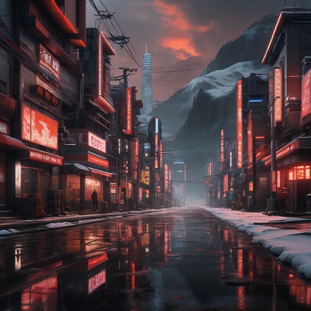 Futuristic Cityscape in Japan with Red Sunset Sky