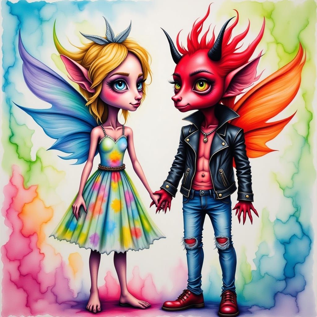 <lora:Bright Chroma 2:1.0>  child's crayon colored pencil drawing, conscience duality pair of a kawii  angel in dress  a...