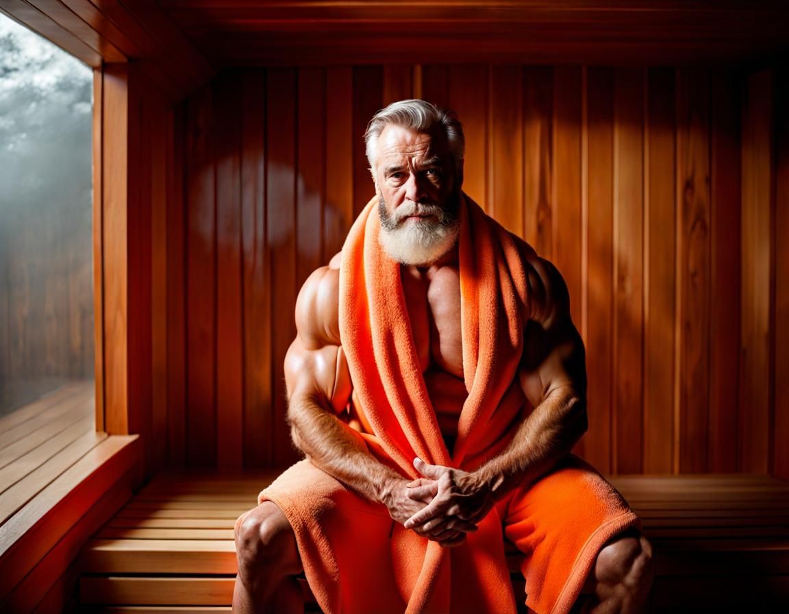 Bodybuilder in a Misty Sauna with Volumetric Lighting