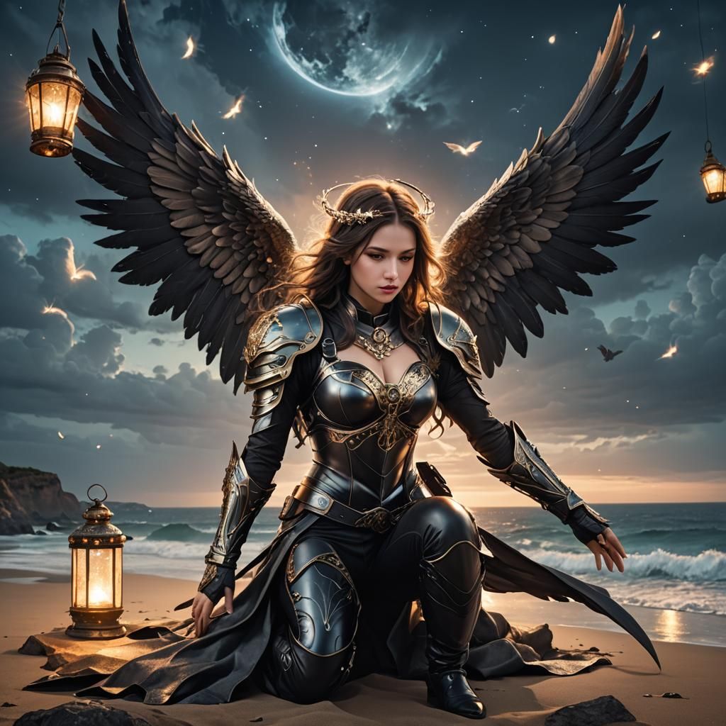 Fallen Angel in Dystopian World with Lanterns