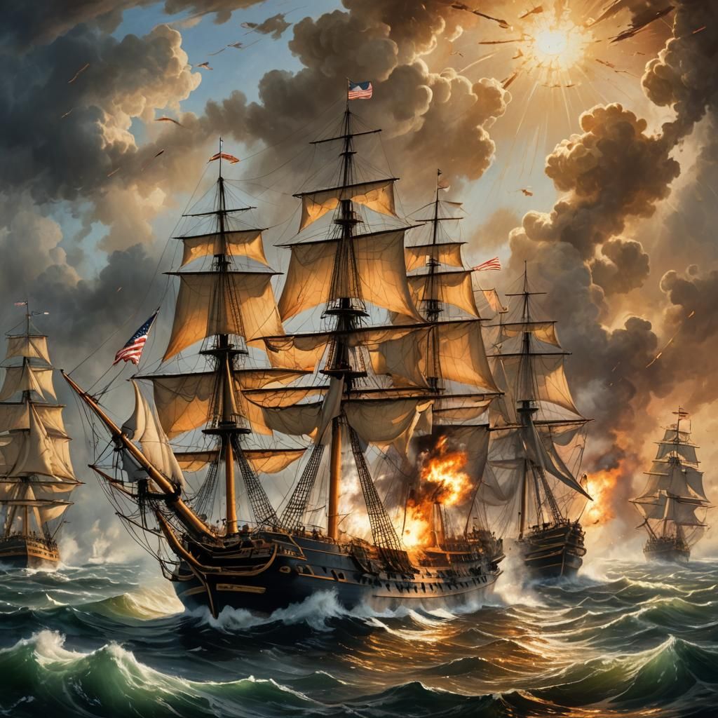 Swedish Ship Bombards US Ship: 18th Century Oil Painting