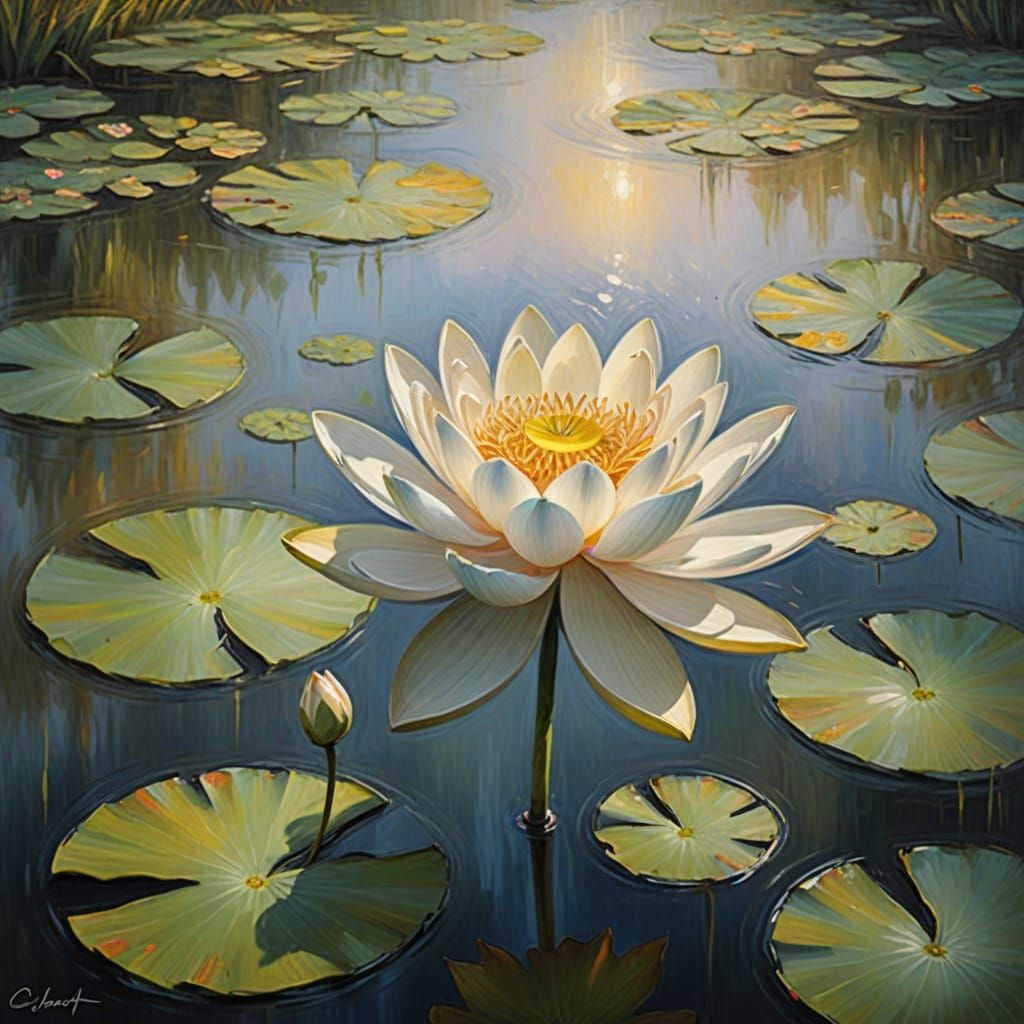 Ethereal Impressionist Lotus Blooms in Soft Focus Oil Painti...