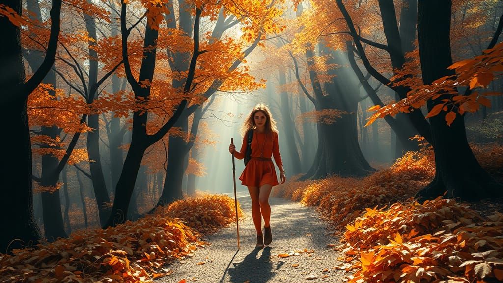 Lone Traveler in Magical Autumn Forest