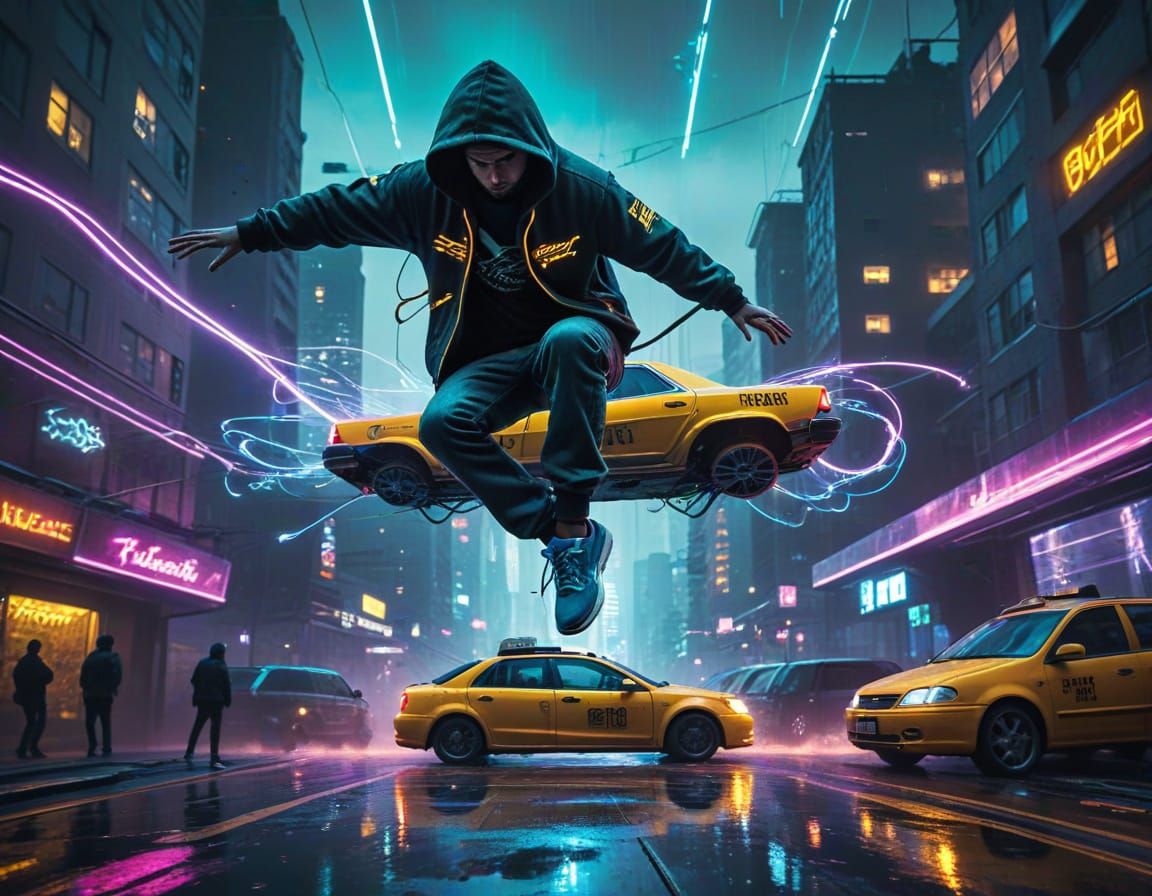 A lone b-boy spinning in a neon-soaked cyberpunk city.