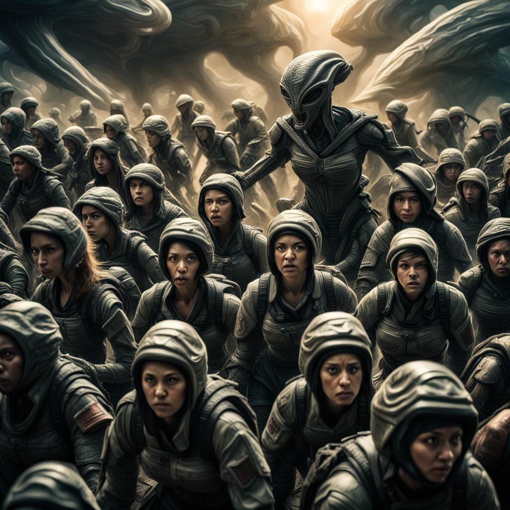 Women's Army Versus Alien Invasion: Hyperrealistic Battle