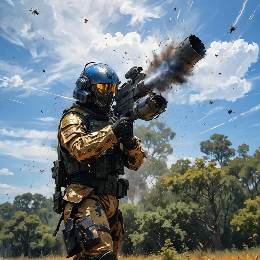 Tactical Soldier Versus Insect Swarm in Action Painting