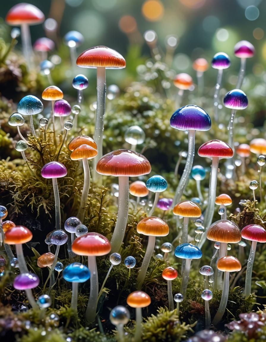 Colorful Glass Mushrooms in Macro Photograph